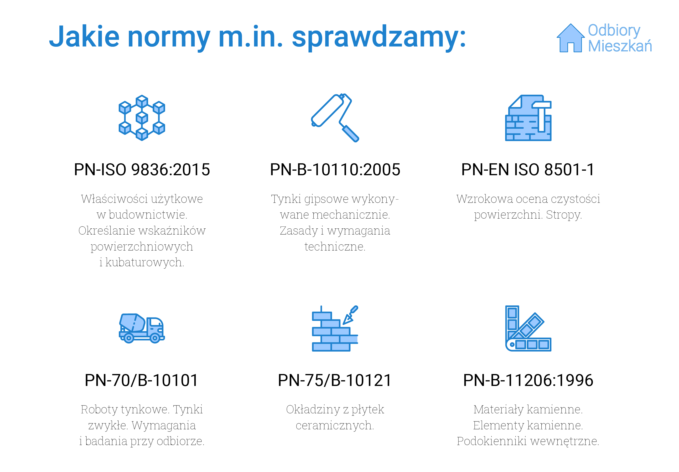 Normy, jakie sprawdzamy podczas odbioru technicznego w Lublinie: PN-ISO 9836:2015 - właściwości użytkowe w budownictwie i określanie wskaźników powierzchni kubaturowych, PN-B-10110:2005 - tynki gipsowe wykonywane mechanicznie oraz zasady i wymagania techniczne wykonywania tynków, PN-EN ISO 8501-1, czyli wzrokowa ocena czystości powierzchni oraz stropy, PN-70/B-10101 - roboty tynkowe, tynki zwykłe oraz wymagania przy odbiorze tynków, PN-75/B10121, czyli okładziny z płytek ceramicznych oraz PN-B-11206:1996, czyli materiały i elementy kamienne oraz podokienniki wewnętrzne.